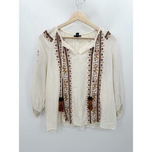 ANA A New Approach Top Women LARGE Cream Long Sleeve Floral Tassel Tie